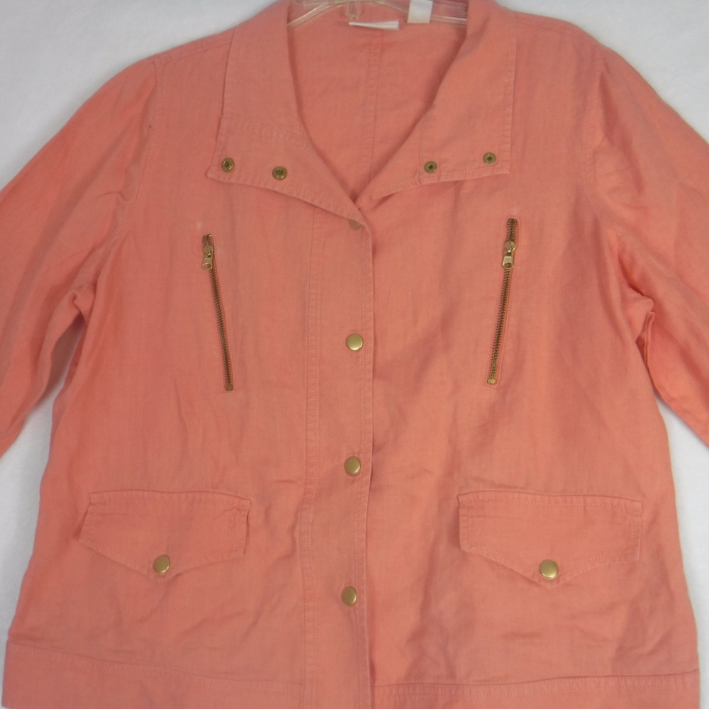 Chicos Linen Utility Jacket Coral Orange 3/4 Sleeve Zip Pocket's Women'sSize L